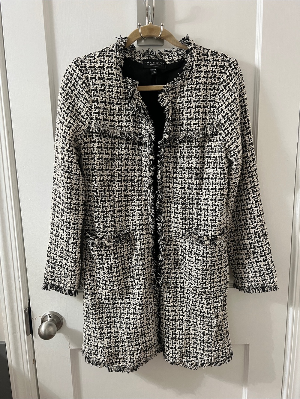 Laundry By Shelli Segal Black and White Tweed Fringe Blazer
